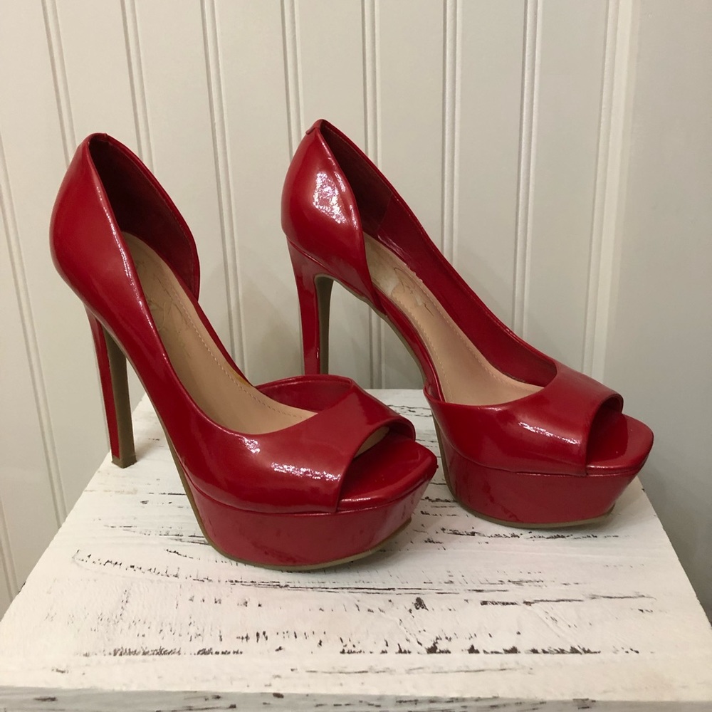 Jessica Simpson red, open toe heels
